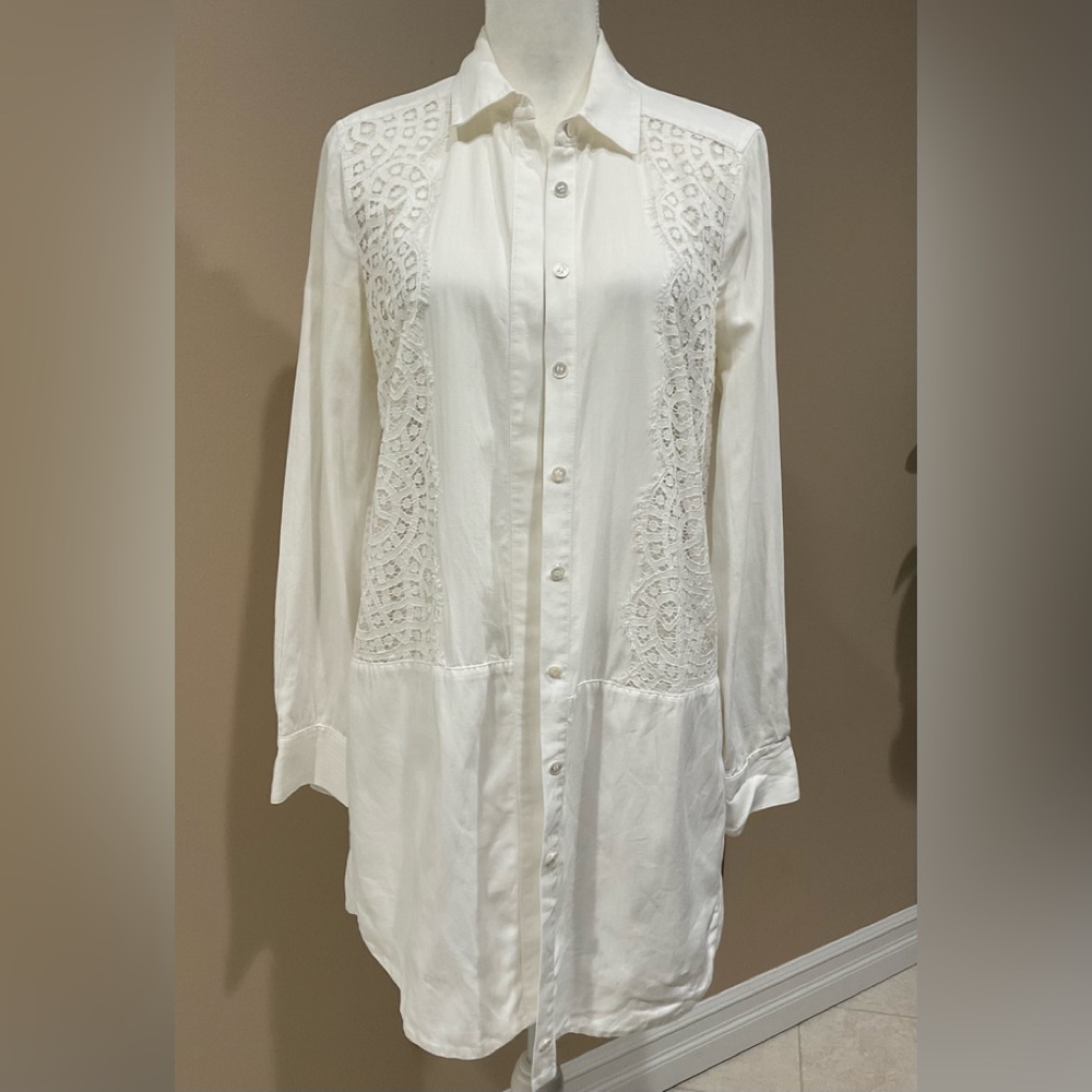 🍏🍏🍏 BCBGMaxAzria White 100% Cotton Lace Adorned Front Long Shirt/Dress, S